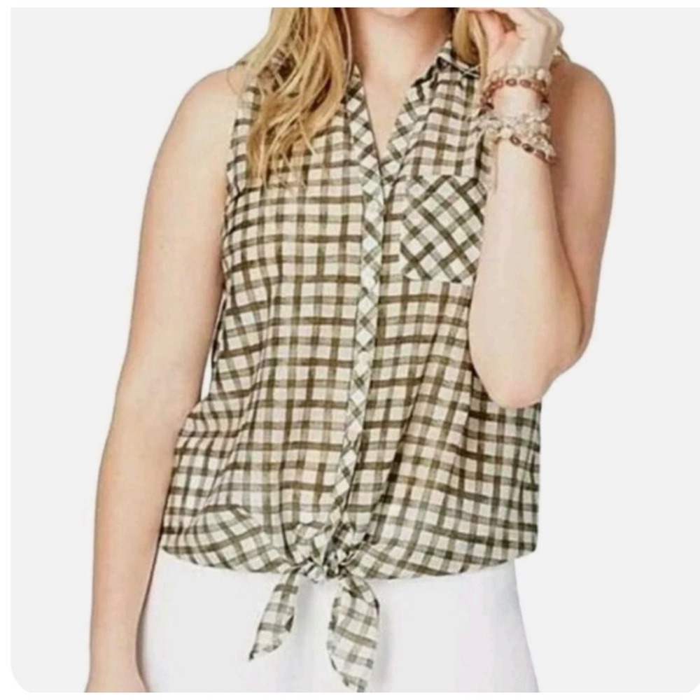 J. Jill Cotton Silk Top Green Gingham Sleeveless Tie Front Button Down Farmhouse